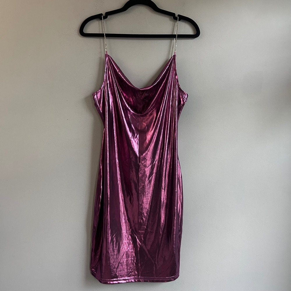 SHEIN Women Metallic Fuchsia Cowl Neck Shiny Mini Dress Rhinestone Straps Size L